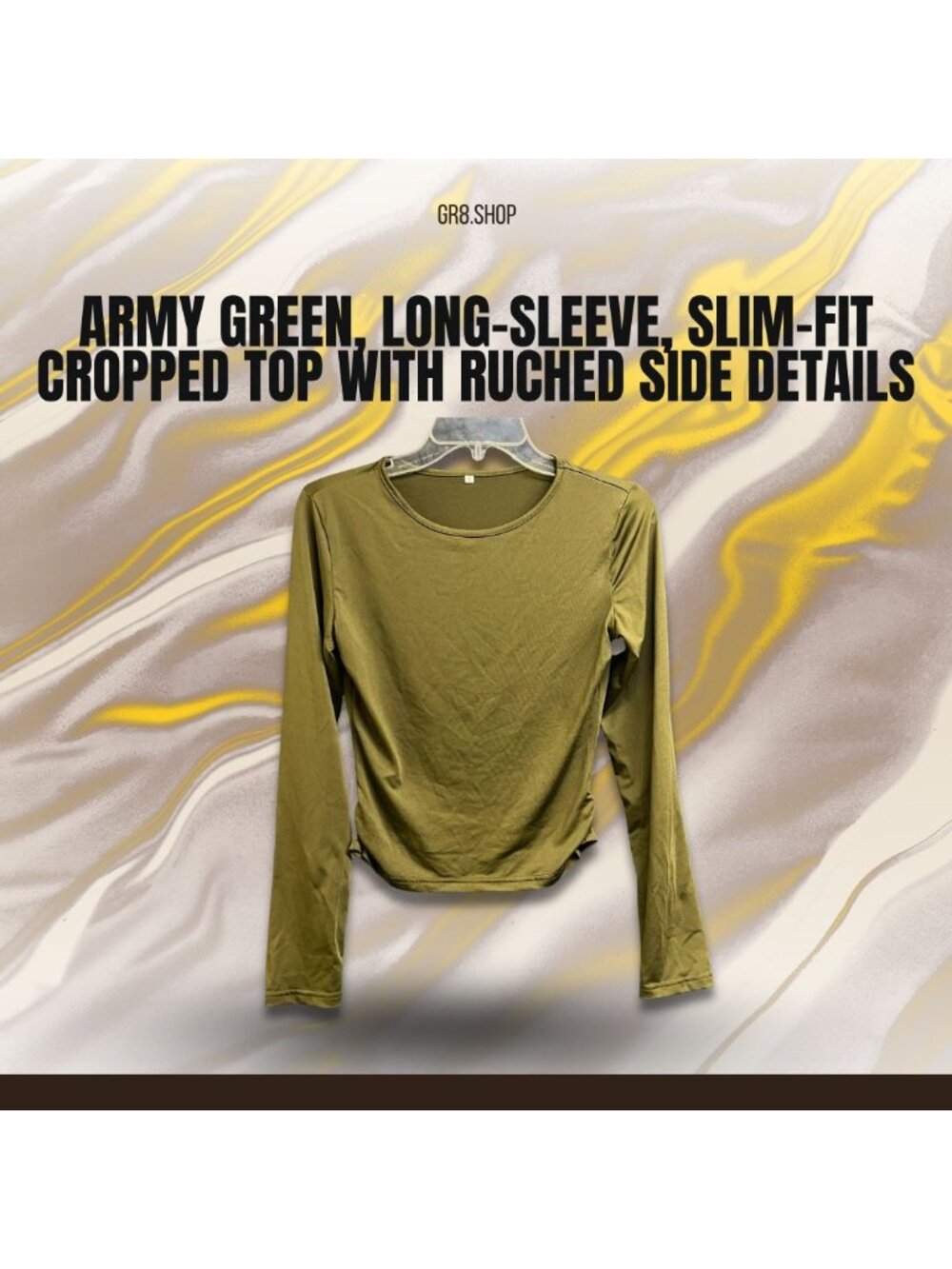 Army Green Long-Sleeve Slim-Fit Cropped Top With Ruched Side Details
